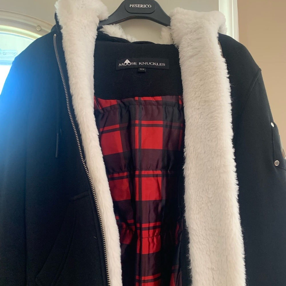 Moose Knuckles Black Coat with Red Plaid Interior